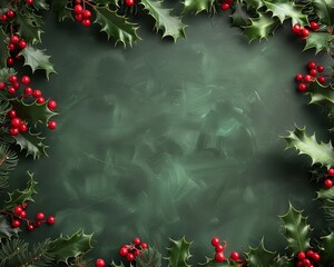 A festive Christmas greeting card featuring a holly background, adorned with a decorative frame of pine branches and berries, perfect for holiday celebrations and the New Year