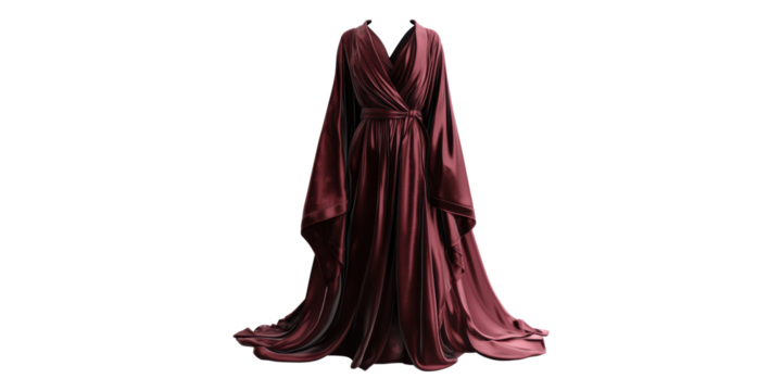 Elegant red satin gown with flowing fabric isolated on transparent background