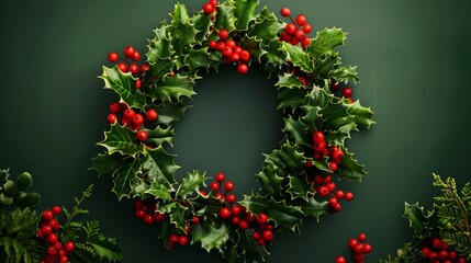 Holly Wreath Festive Christmas Decoration: A classic Christmas wreath made with fresh holly and berries,  a symbol of festive cheer and holiday spirit.