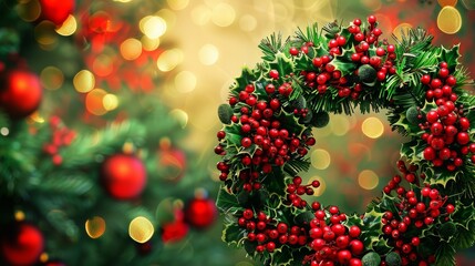 Christmas wreath decorated with a red ribbon on a red background, featuring festive ornaments and holly, capturing the spirit of the holiday season