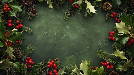 Christmas frame decorated with holly and berries against a festive background of branches and pine