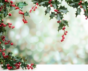 Holly Festive Border: A cheerful border of holly branches with vibrant red berries, set against a soft, bokeh background, perfect for adding a touch of holiday cheer to your designs. 