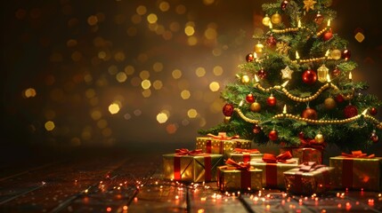 Christmas Tree with Gifts: A beautifully decorated Christmas tree with twinkling lights and ornaments, adorned with gold and red accents, stands majestically in front of a pile of wrapped presents.