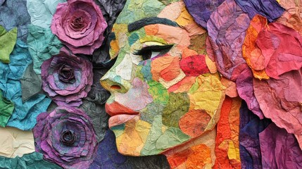 Art made from recycled paper materials, including various textures and colors