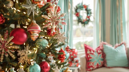 A beautifully decorated Christmas tree adorned with colorful ornaments and ribbons, surrounded by gifts, capturing the festive spirit of the holiday season