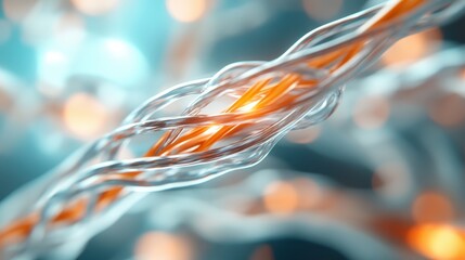 Artistic close-up of braided orange and clear strands exhibiting dynamic motion and intricate...