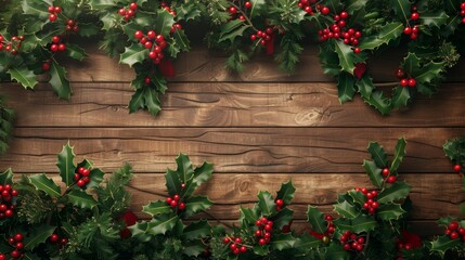 Christmas wreath on a wooden wall with holly, berries, and festive decorations
