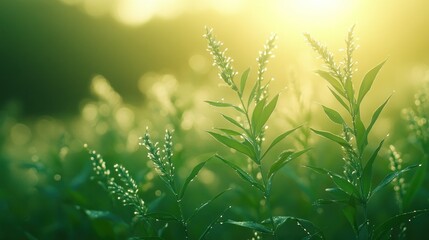 Fototapeta premium A close-up of dew-covered green plants illuminated by soft sunlight.