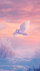 Fototapeta premium Photo of a snowy owl flying over the tundra