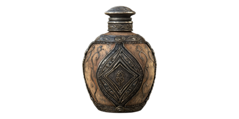 Ornate vintage perfume bottle with intricate design isolated on transparent background