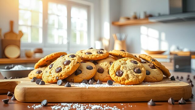 Golden-brown chocolate chip cookies on a rustic wooden board, bathed in warm sunlight in a bright kitchen setting