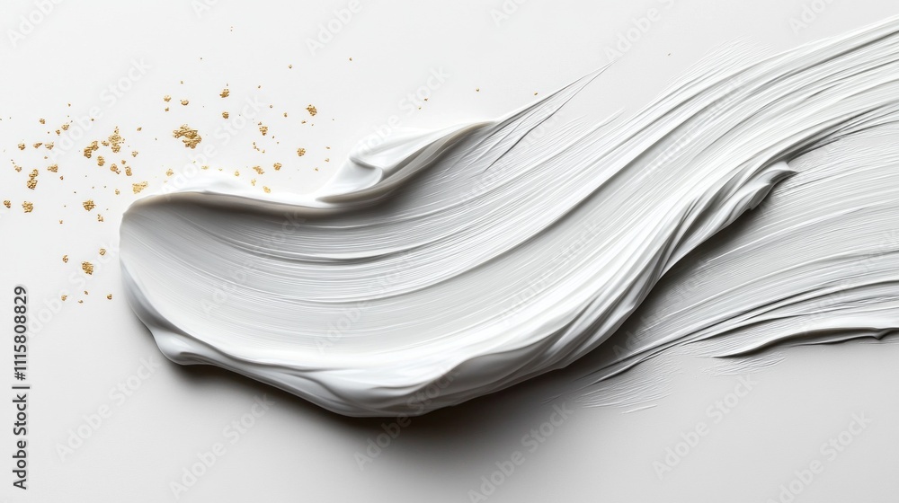 Poster A creamy white substance flows gracefully across a soft canvas, accented by shimmering gold flecks that enhance its elegance. The scene captures both artistry and sophistication in a serene setting