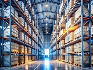Fototapeta premium Expansive Rows of Shelves Filled with Boxes in a Modern Warehouse Setting, Showcasing an Organized and Efficient Storage Solution for Retail and Inventory Management