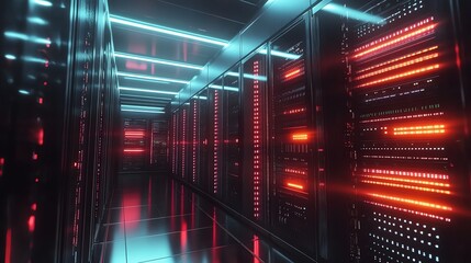 A long hallway with rows of servers.