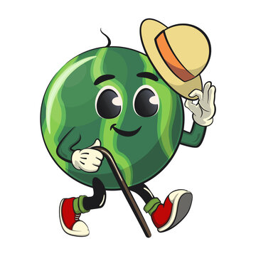 recommend clip art: cute watermelon cartoon character walk with a stick and saluting with raised hat, watermelon mascot cute cartoon characters for icon, mascot, logo, label, poster, banner, print, sticker, clip art