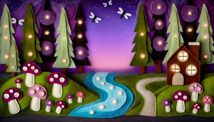 Glowing river winding through felt forest at twilight with dragonflies flying above