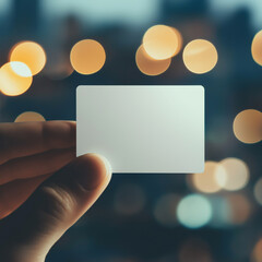 Obraz premium hand holding blank transparent business card/ mockup/template in blurred golden bokeh background