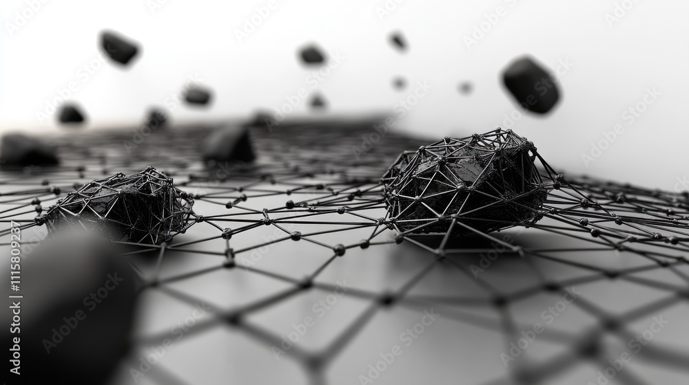 Aufkleber abstract 3d rendering of interconnected dark grey geometric shapes on a grid.
