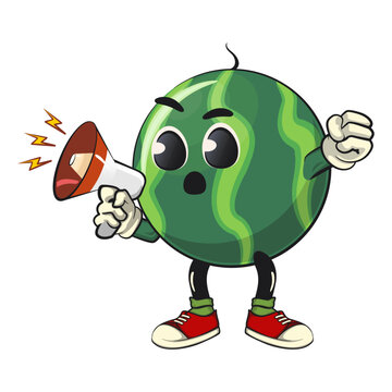 recommend clip art: cute watermelon cartoon character shouting with a loudspeaker, watermelon mascot cute cartoon characters for icon, mascot, logo, label, poster, banner, print, sticker, clip art