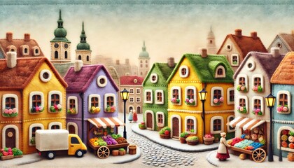 Naklejka premium Charming felt european town with flower shops and delivery truck
