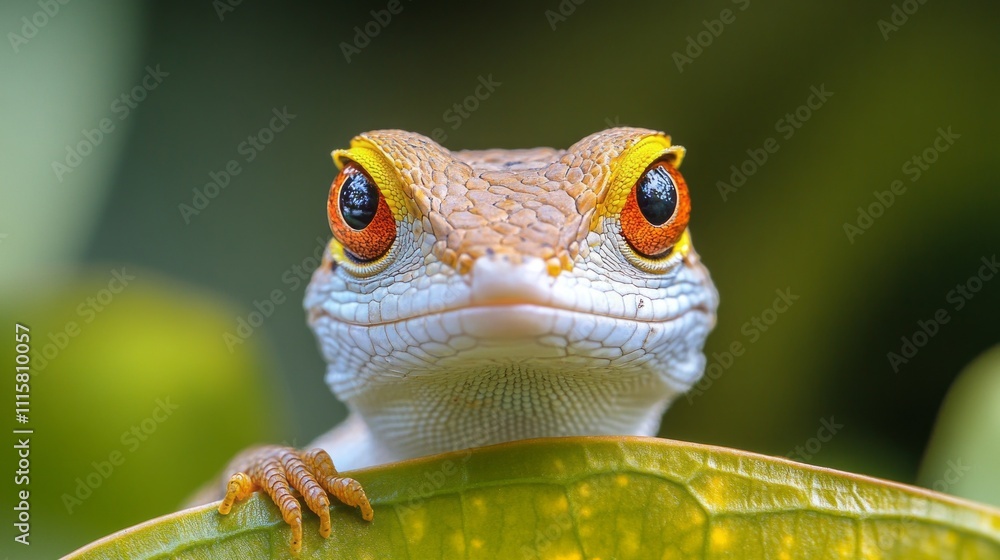 Poster A small gecko with striking orange and white patterns gazes directly at the viewer, sitting on a vibrant green leaf. The lush background hints at a thriving ecosystem filled with life