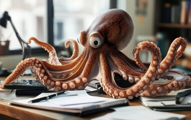 Obraz premium An octopus managing multiple tasks at a desk, symbolizing multitasking and work organization