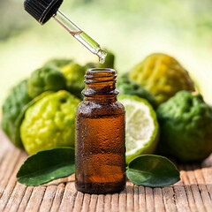 Amber glass bottle with pipette, bergamot in the background, oil essencial, aromatherapy, Citrus bergamia