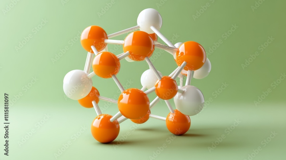 Poster abstract 3d rendering of orange and white spheres connected by lines, resembling a molecule or netwo