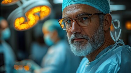 A focused elderly European male surgeon wearing glasses and a surgical cap, working diligently in an operating room with bright lights and surgical tools.