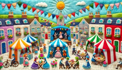 Lively village square celebrating with music, food, and festivities at the town fair