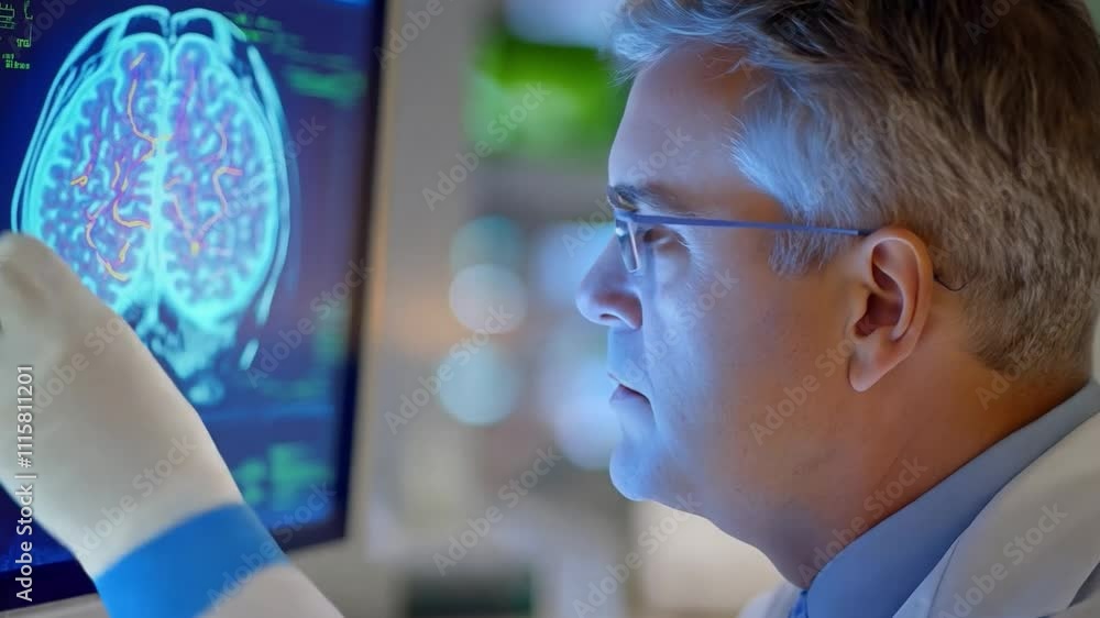 Aufkleber medical professional man analyzing brain scan in advanced imaging laboratory setting