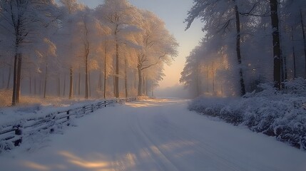 Winter forest with frosted trees, snow-covered ground, tranquil background with icy highlights