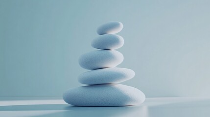 Obraz premium 13.A serene composition featuring a tower of perfectly balanced smooth pebbles against a soft light blue background. The pebbles range in size from large at the base to small at the top, creating a