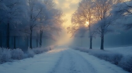 Obraz premium Winter forest with frosted trees, snow-covered ground, tranquil background with icy highlights