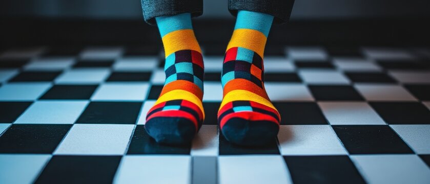 Vibrant Socks on Checkered Floor