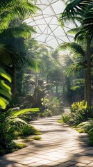 Obraz premium Sunlit path through lush tropical greenhouse.