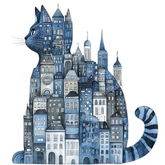 Obraz premium Enchanting Illustration of a Cat Silhouetted Against Cityscape