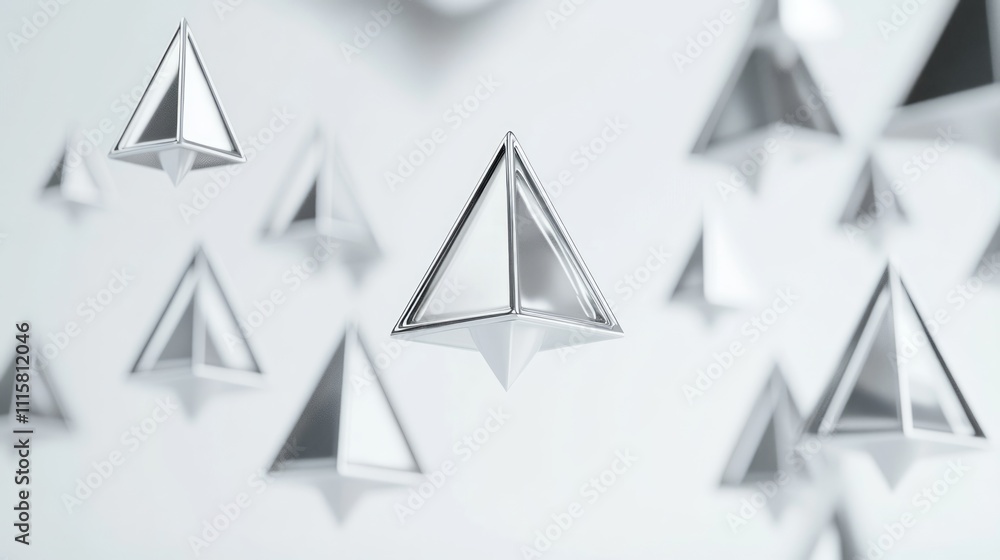 Poster abstract 3d rendering of silver pyramids floating on white background.