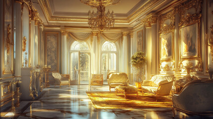 Fototapeta premium Large windows allow sunlight to flood the room, casting a soft, golden hue. Sheer curtains or light-filtering blinds can diffuse the sunlight to create a warm, gentle glow.