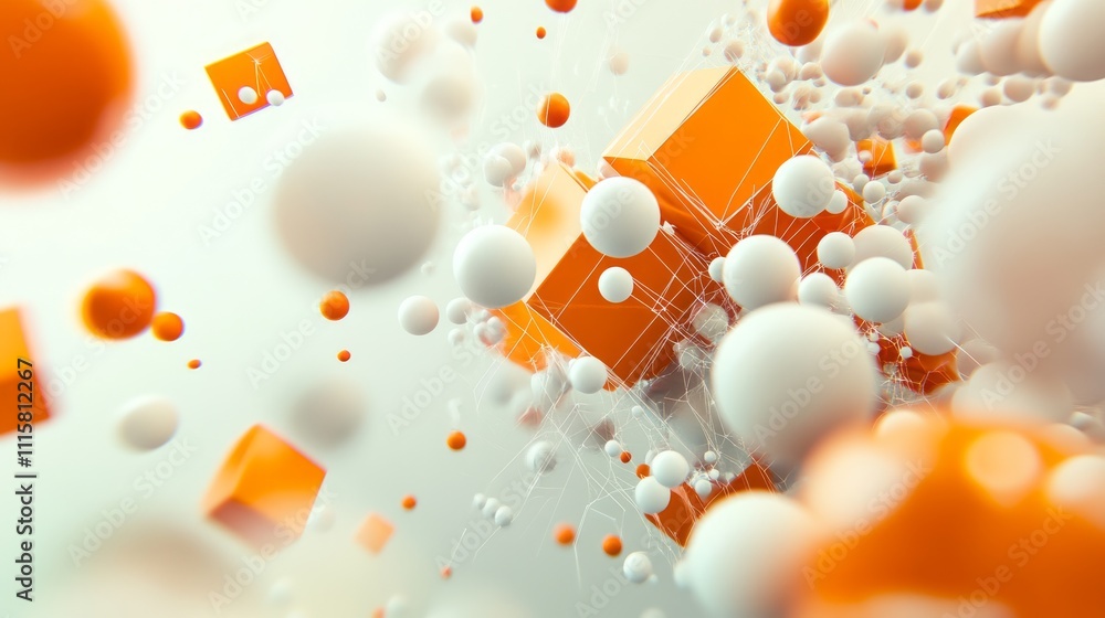 Poster abstract 3d rendering of orange cubes and white spheres floating in space, connected by thin lines.