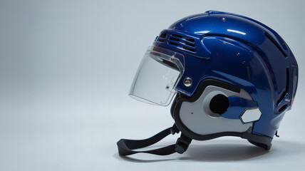 Fototapeta premium Modern blue ice hockey helmet with visor, sport gear for winter sports, rink setting, copy space