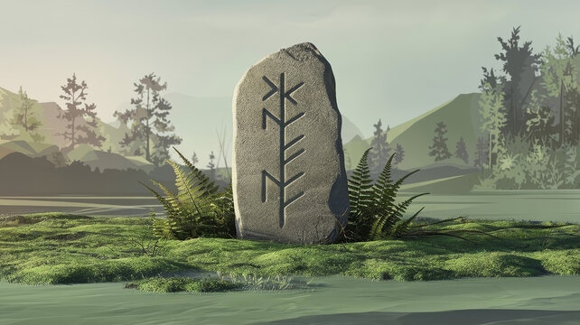 Rune stone with carved symbols surrounded by ferns in serene landscape, misty background with copy space