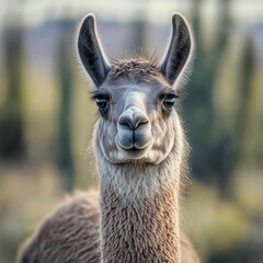 Fototapeta premium A charming llama stands proudly in a sunlit desert, curiously observing the surrounding cacti. The tranquil atmosphere captures the essence of this unique habitat, inviting wonder