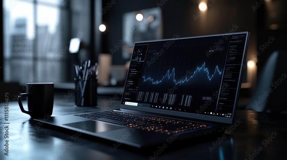 Poster a laptop displaying data analytics in a modern workspace setting.