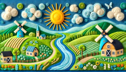 Fototapeta premium Idyllic felt landscape showing windmills, houses, and a flowing river under a bright sun