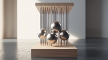 44.A wooden cube serves as the base for a surreal balancing act of rods and spheres in a minimalist 3D design. The metallic spheres are perfectly aligned along the rods, creating an intricate and