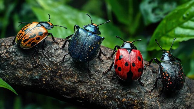Colorful beetles crawling along a branch surrounded by lush greenery