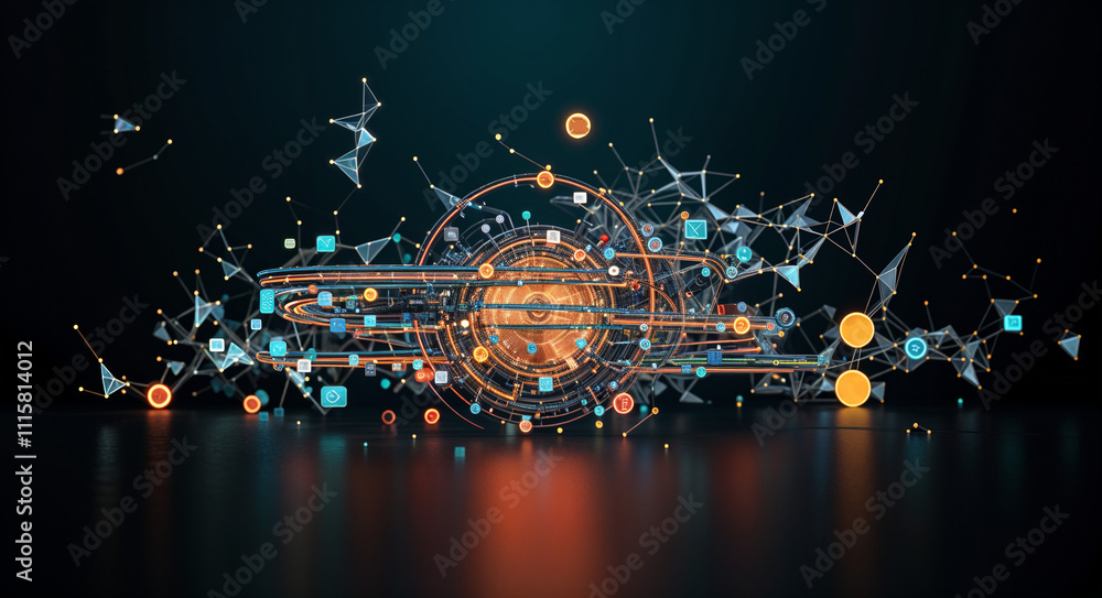 Poster abstract technological background with 3d holographic interface and microcircuits . generative ai . 