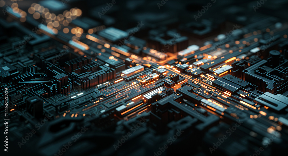 Poster abstract technological background with 3d texture of cyber mechanisms and microcircuits . generative