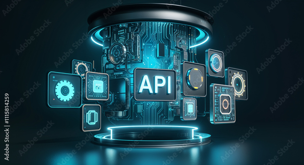 Poster digital api interface hologram with neon lines . generative ai . generative ai